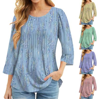 Women's 3/4 Bell Sleeve Tops O-Neck Summer Pleated Shirts Trendy Dressy Casual Loose Fit Tunic Blouses