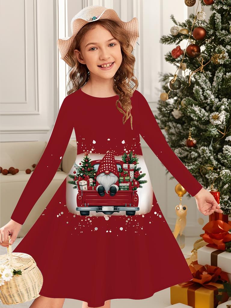 Mädchen Herbst- und Wintermodekleid, 3D Weihnachtsprint Rundhalsausschnitt Lang Kinder-T-Shirt-Kleid, Lässig Vielseitig, Weihnachtskleidung