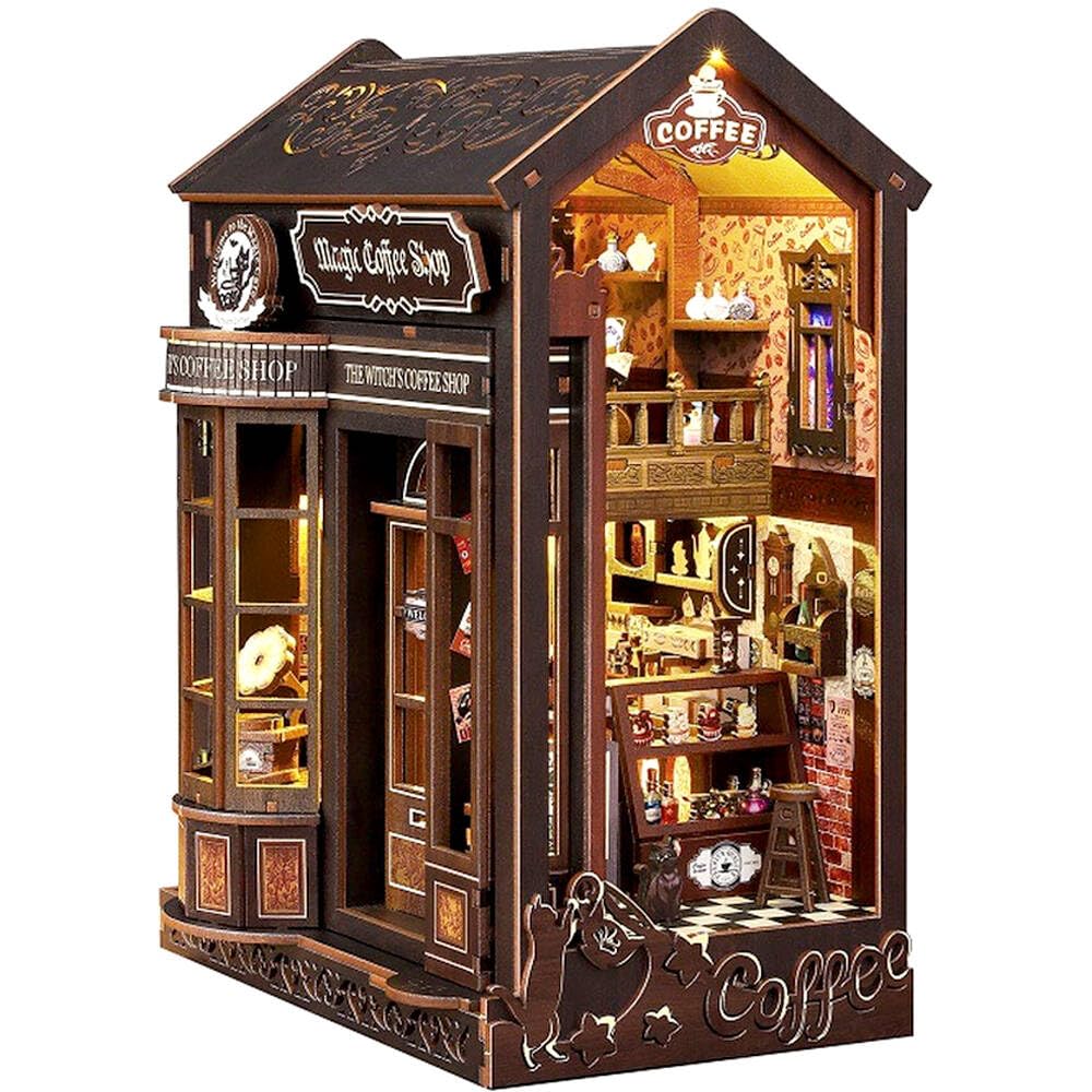 

moin moin Dollhouse Miniature DIY Kit Set [English Instructions] Book-shaped Magic Coffee Shop - Opens with a Snap - Magic Cafe Book - Bookends - Cat