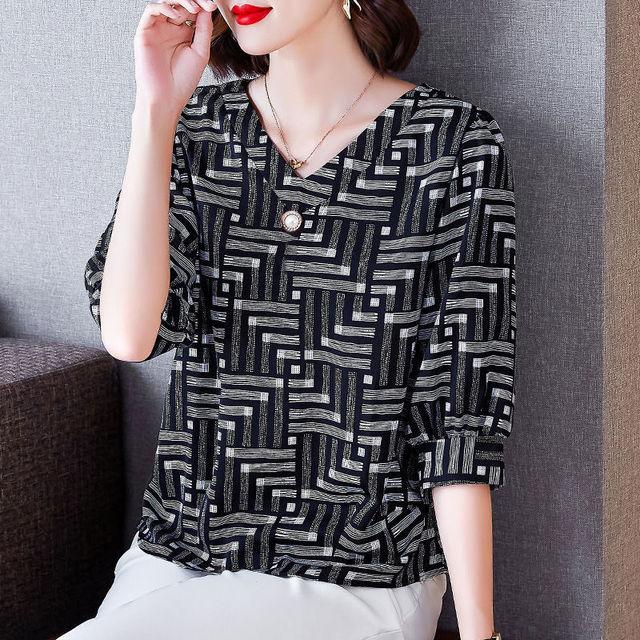

Шифоновая рубашка с рукавом 3/4, женская весна-лето, новая блузка в полоску для мамы, модный топ с v-образным вырезом, M-4XL M чёрный