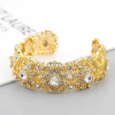Bride Bangle Crystal Women Cuff Bracelet C-shaped Elastic Arabic Flower Wedding Jewelry Bangle