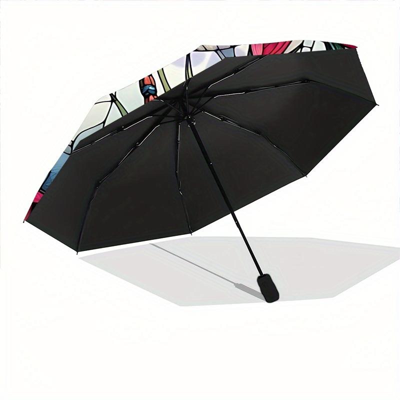 1pc Stained Glass Dragonfly Automatic Open/Close Umbrella with Windproof, Functional Design, 8-Rib Sturdy Canopy