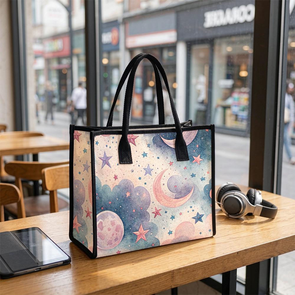Cute Moon Star Printed Tote Bag for Women Fashion Large Capacity Casual Handbag for Daily Shopping Travel Work