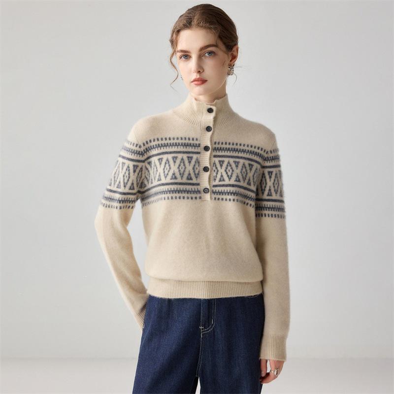Women's Ethnic Style Fair Isle Jacquard Cashmere Half-Zip Sweater - Loose Fit, Thick Knit Winter Top