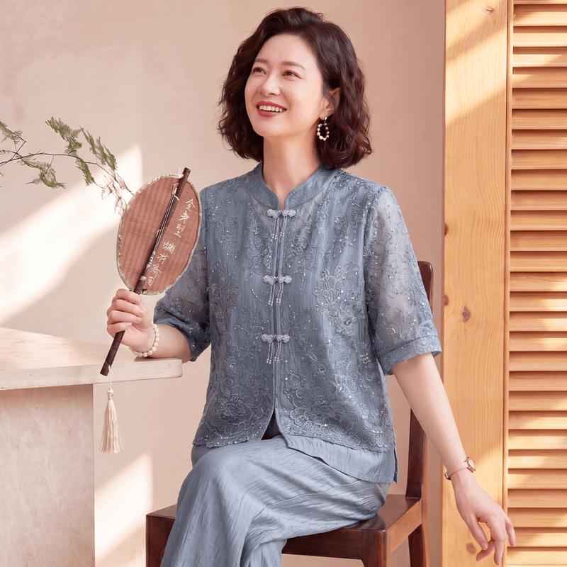 Datang Furen Women's Summer Embroidered Mesh Blouse & Trousers Set
