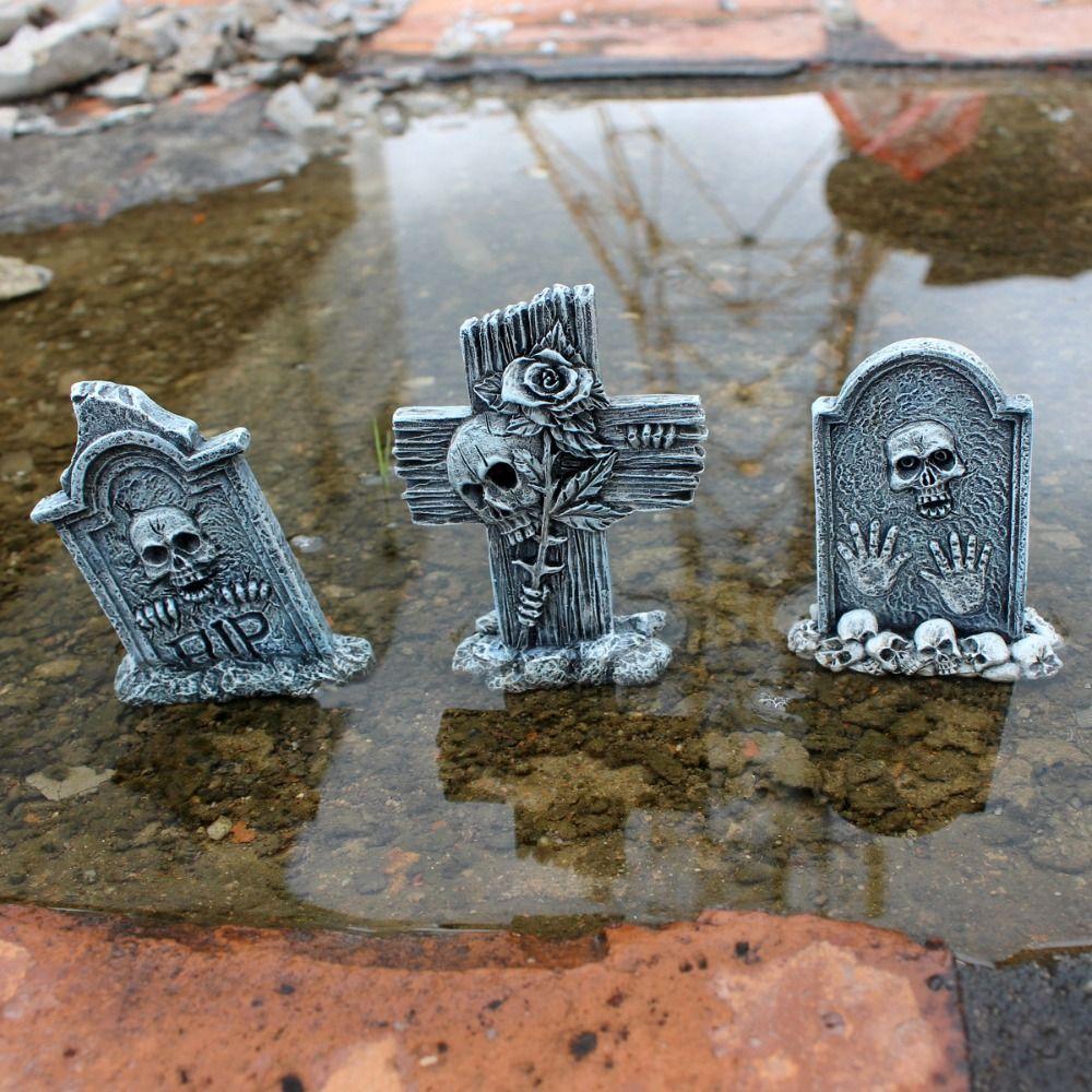 3pcs Skull Cross Halloween  Tombstones Figurine Resin Crafts Tombstone Statues  Party Layout