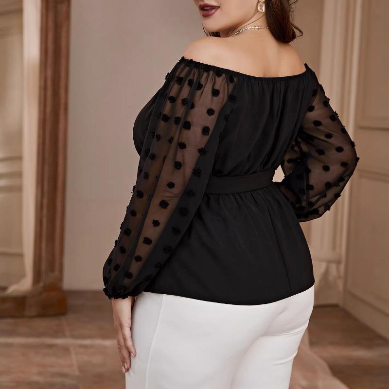 Plus Size Women One Shoulder Long Sleeve Elastic Waist Patchwork Shirt