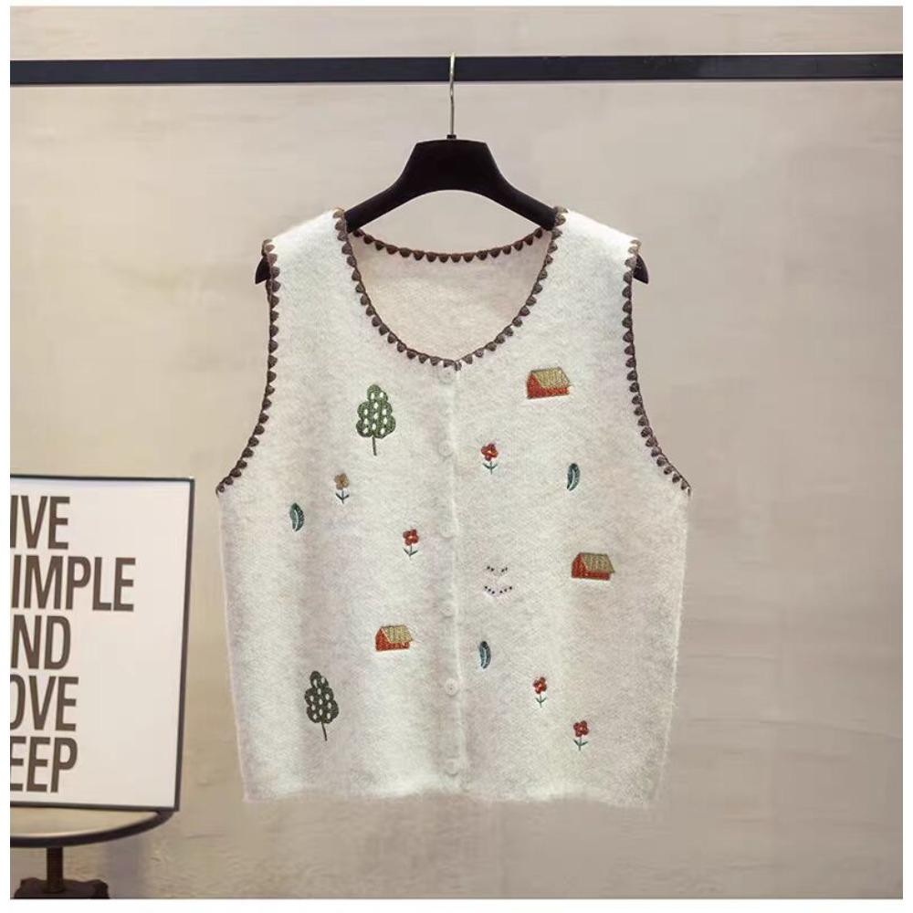 2026 Autumn New Women Sweater Knitting Fashion Tops Cardigan Lady Sleeveless Embroidery Floral Vest Tank Shirt Loose Casual