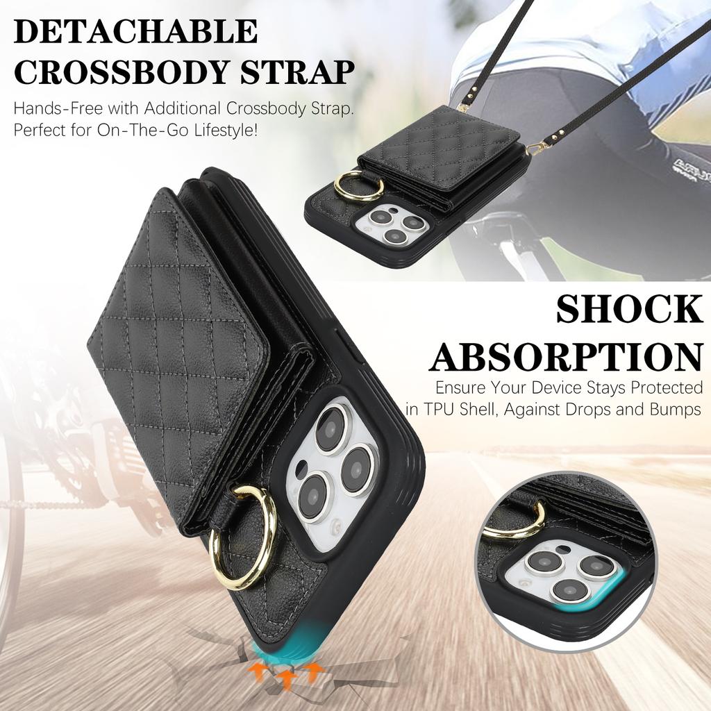 For iPhone 15 Pro Case with Lanyard/Mirror/Card Holder Grids Pattern RFID Blocking Phone Cover