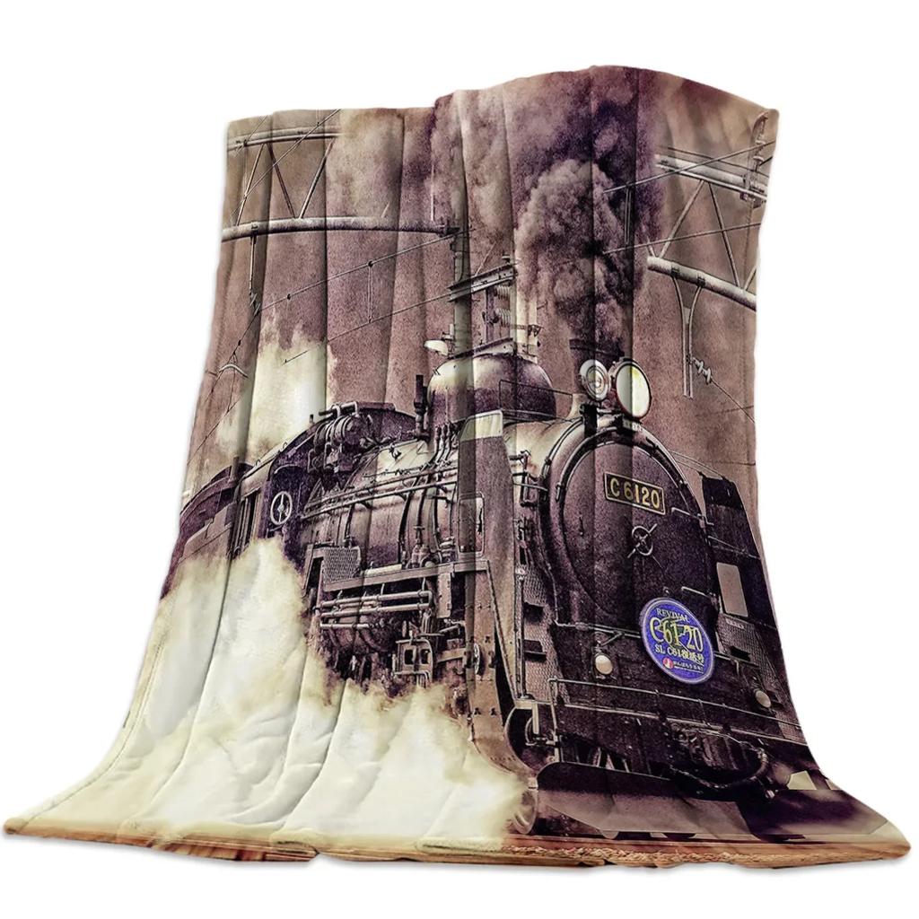 Flannel Blankets The Steam Age Of Old Trains Blanket Cushion Warm Throws on Sofa Bed Home Bedspread Travel Fleece Blanket Queen