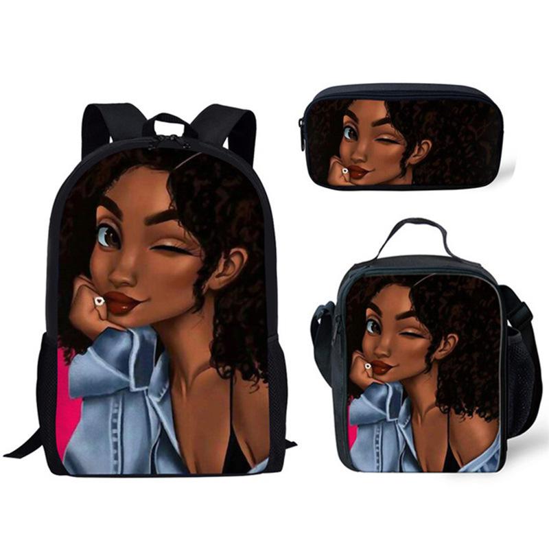 Classic Popular Novelty Cute African girl 3D Print 3pcs/Set pupil School Bags Laptop Daypack Backpack Lunch bag Pencil Case