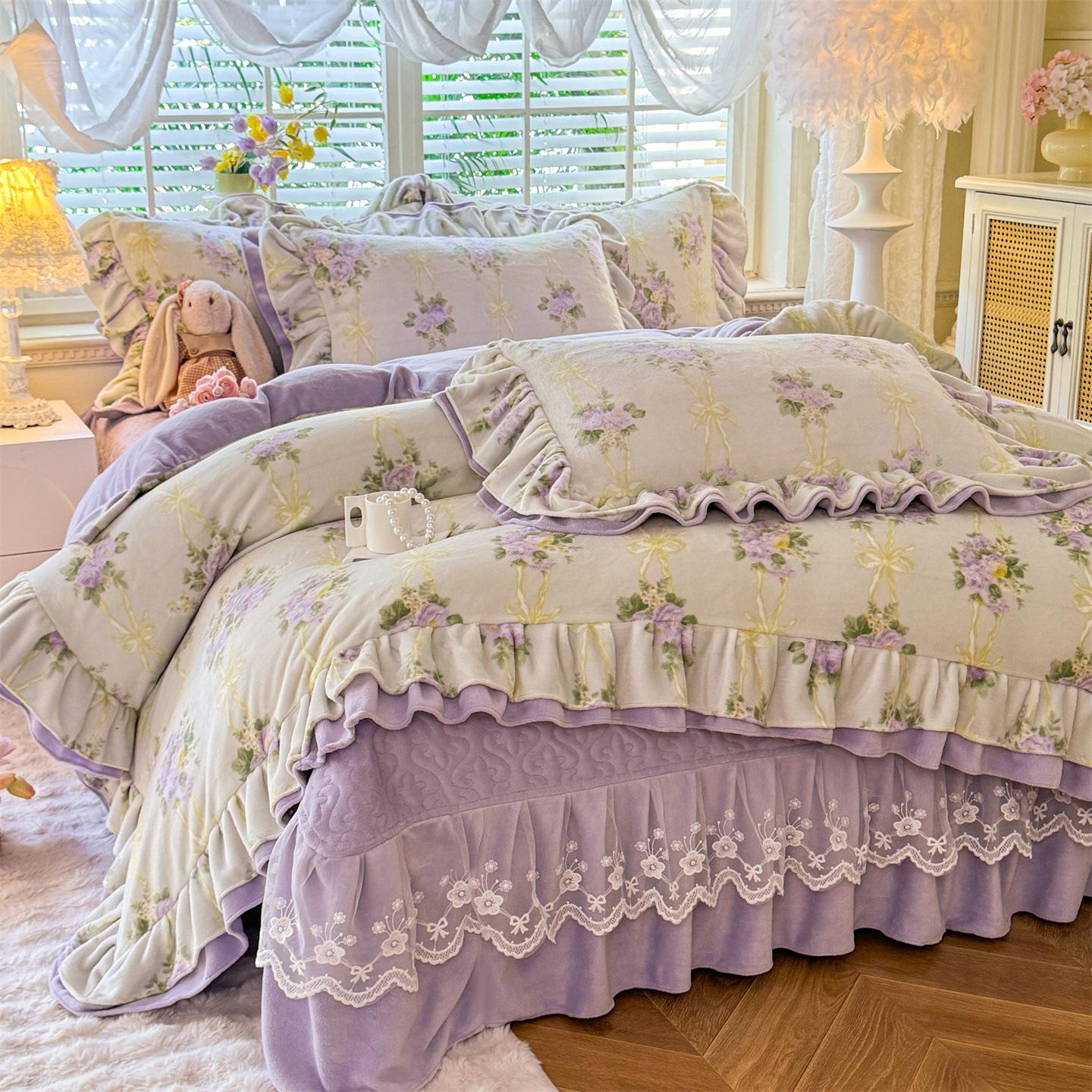 

Thickened Milk Fluff Edge Bed Cover Bed Skirt Four-Piece Set 1.5M Bed Sheet 1.8m 4pc