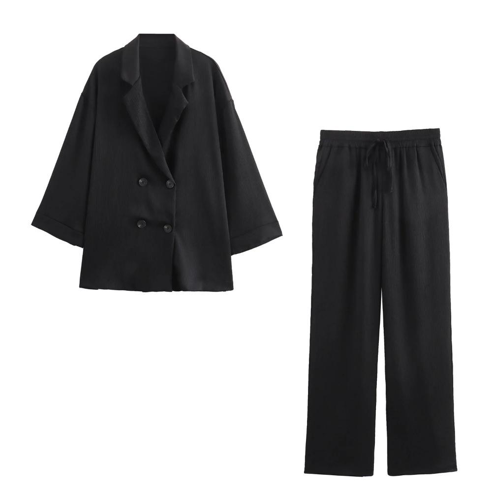VAYLA Autumn Women Casual Blazer Coat Pants Set Long Sleeve Double Breasted Blazer + Wide Leg Trousers Lady Office Outfit