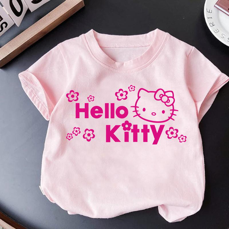 

2026 новая футболка Hello Kitty из мягкого хлопка с коротким рукавом и круглым вырезом, милый принт, легкий летний топ для женщин, повседневная одежда S