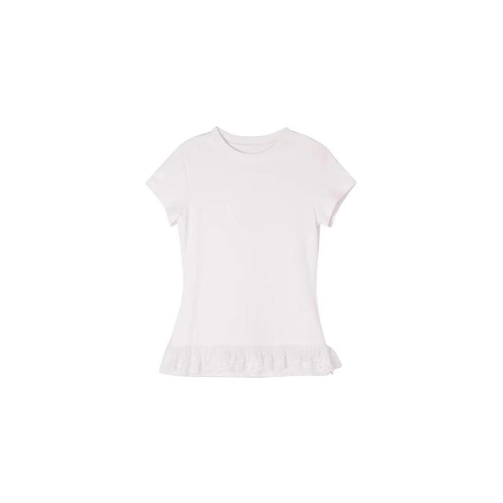Women's White Lace-Trimmed Ballet-Style Slim Fit Short Sleeve T-Shirt - Summer 2025 Collection