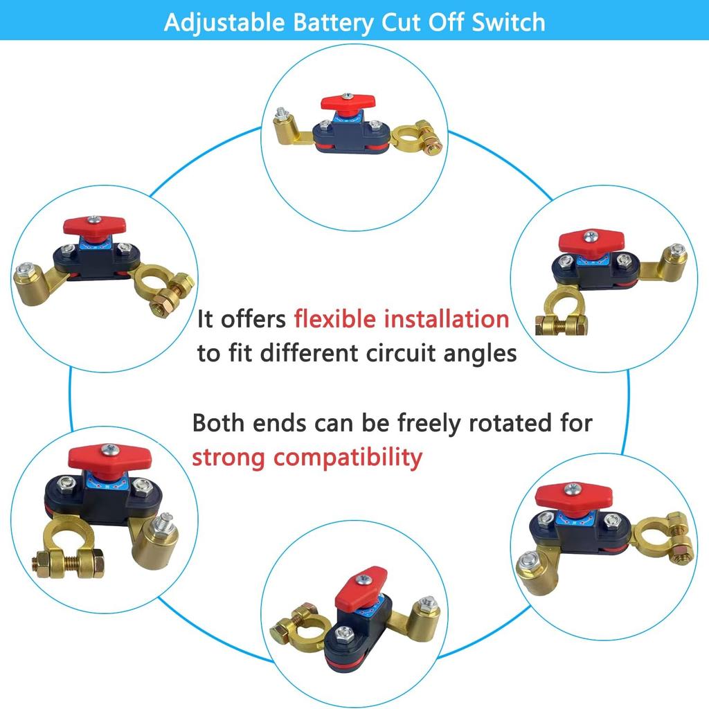 Battery Disconnect Switch 12V Heavy Duty, Adjustable Rotating Battery Cut Off Switch, Pure Copper Battery Kill Switch, 12V-48V Top Post Shut Off On