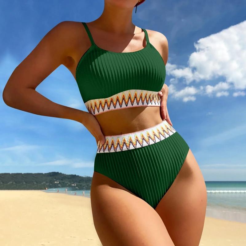 Women'S High Waist Bikini Set V Neck Two Piece Swimsuit Color Block Front Twisted Swimsuit