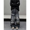 American Retro Fake Ripped D Print Jeans Men's Loose and Versatile Wide-leg Tide Brand Loose High-end Pants Tide