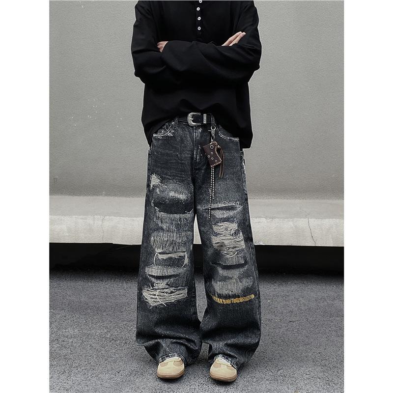 American Retro Fake Ripped D Print Jeans Men's Loose and Versatile Wide-leg Tide Brand Loose High-end Pants Tide