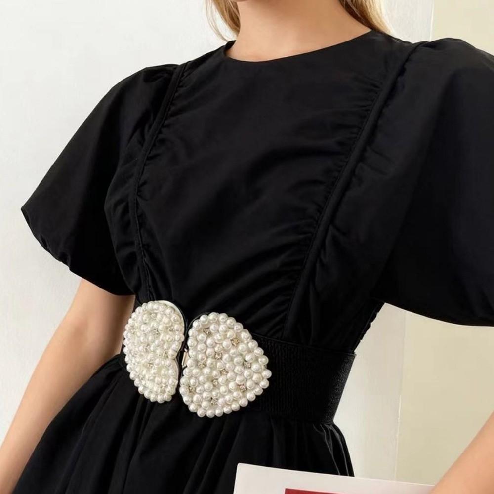 Buckle Pearl Elastic Waistband French Fashionable Stretch Belt Women's Waist Belt Matching Dress
