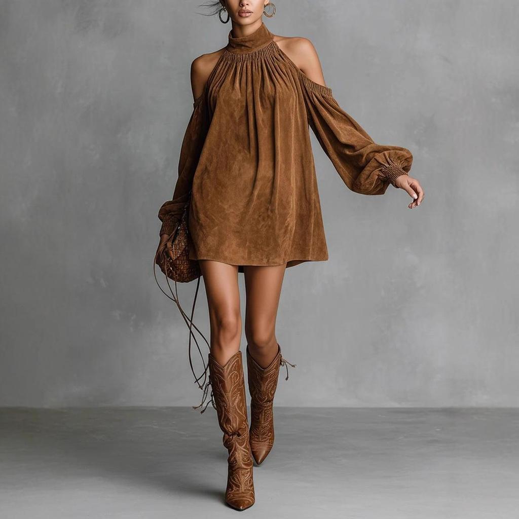 European & American Suede Plush Lantern Sleeve Off-Shoulder Mini Dress, Half-High Collar Halter Neck, 2025 Fashion.
