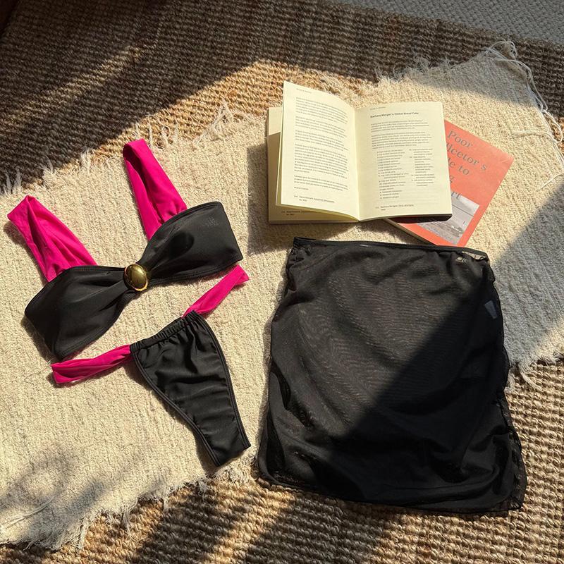 Color Block High Waist Bikini Set Cover Up Swimsuit For Women Push Up Ruffle Three Pieces Swimwear Beach Bathing Suits