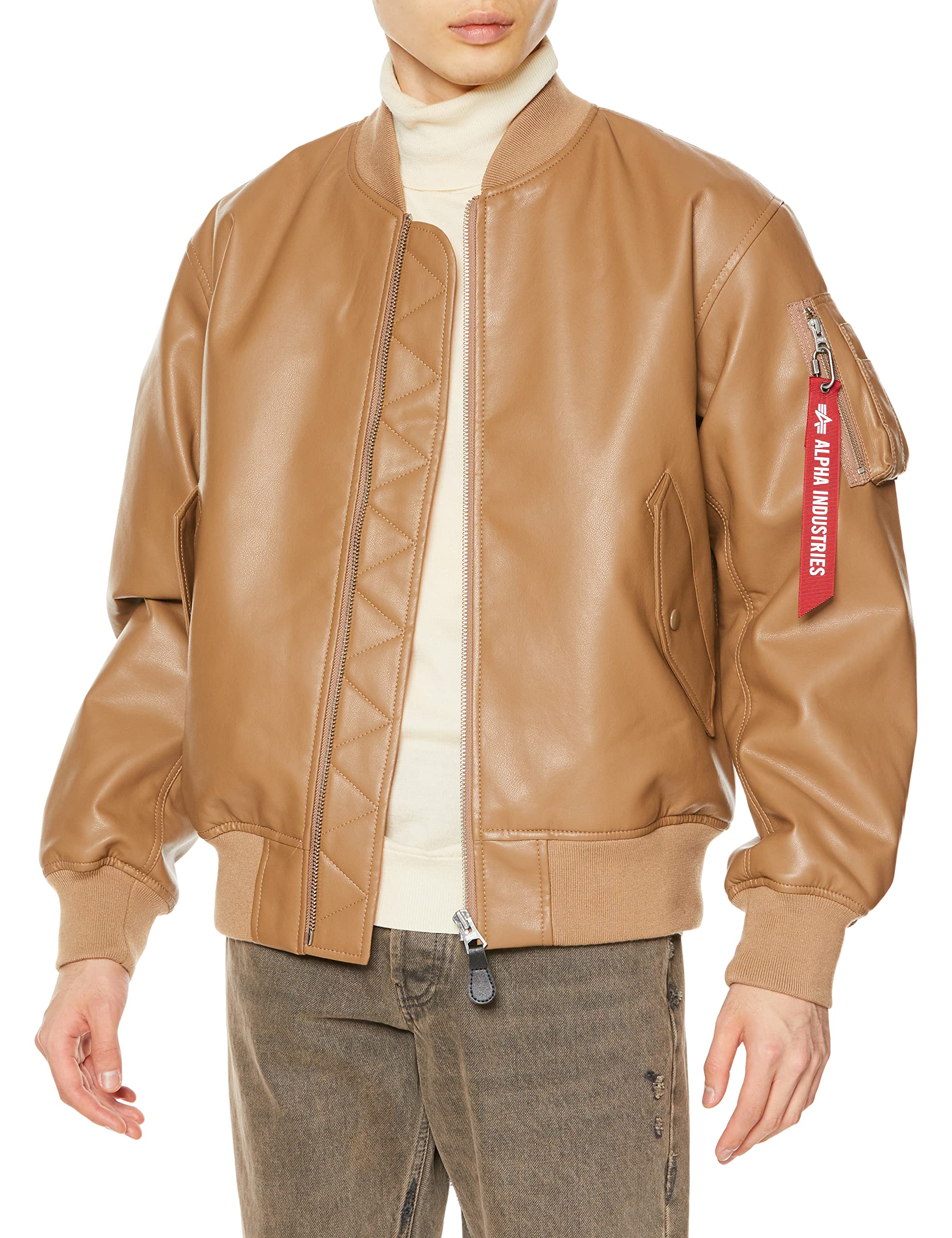 

Alpha Industries TA1615 Men s Faux Leather MA-1 Jacket, Beige/Beige, Size M