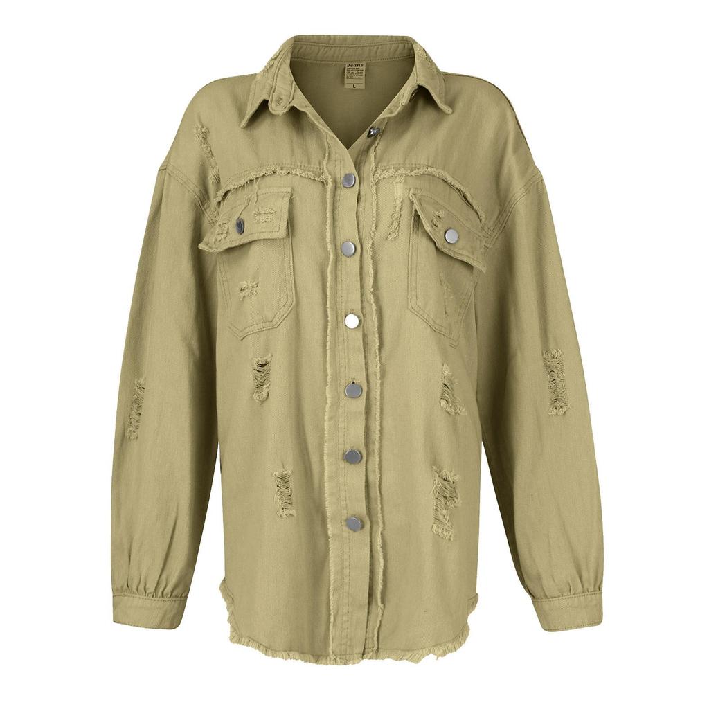 Womens Denim Jacket Button Down Shirts Distressed Frayed Coat With Pockets