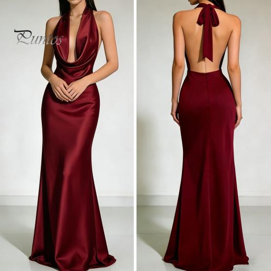 Beach Dress Women Sexy Backless Maxi Dress, Deep V Neck Sleeveless Lightweight Summer Halter Satin Long Formal Evening Party Mermaid Gown Elegant