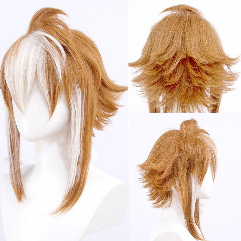 Syntetisk Anime Cosplay Peruk Genshin Impact Goro Brun Blandad Vit Peruk med lugg Värmebeständigt falskt hår Lolita peruk