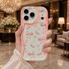 Pink Bow Cherry Heart Contrast Phone Case for iPhone 17 16 15 14 13 12 11 Pro Max Plus Wavy Edge Cute Cover