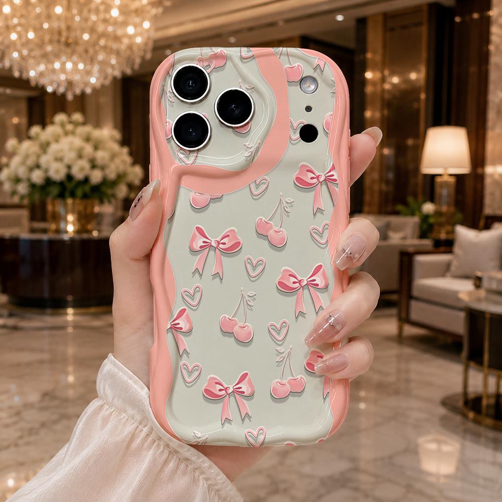 Pink Bow Cherry Heart Contrast Phone Case for iPhone 17 16 15 14 13 12 11 Pro Max Plus Wavy Edge Cute Cover