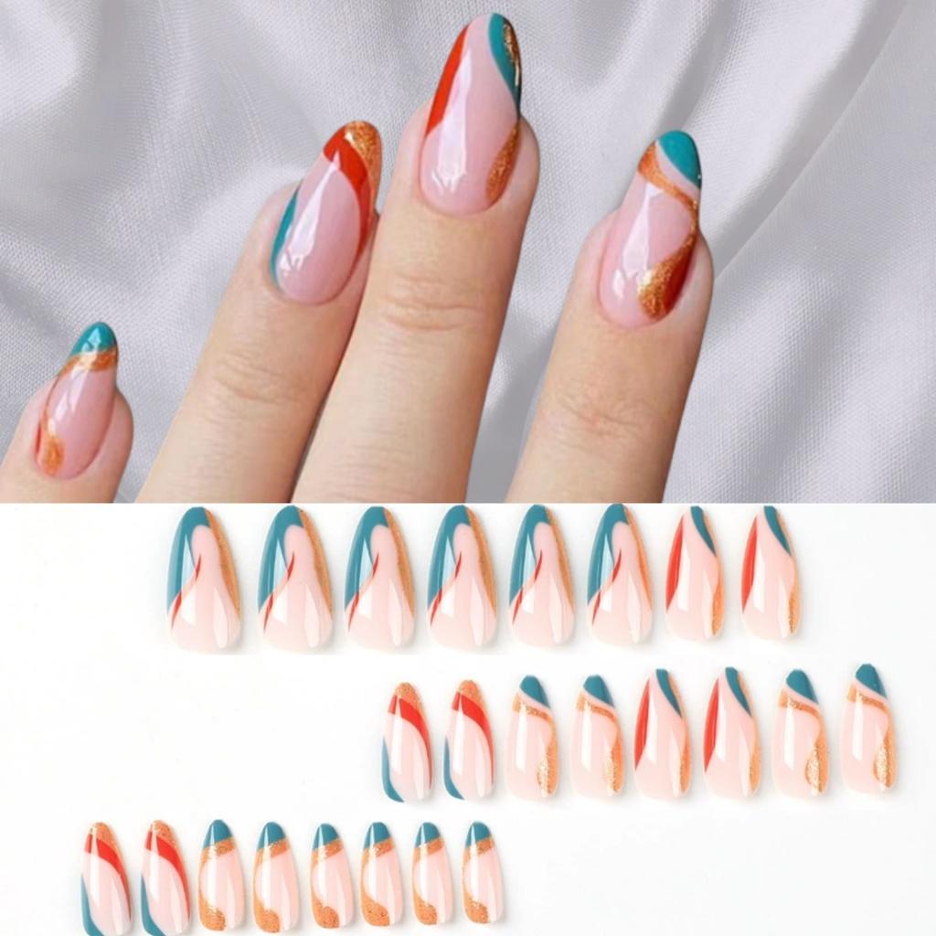 24 Pcs Simple Pink Press On Nails With Silver Glitter Powder Decor Removable Fake Nail Tips Set