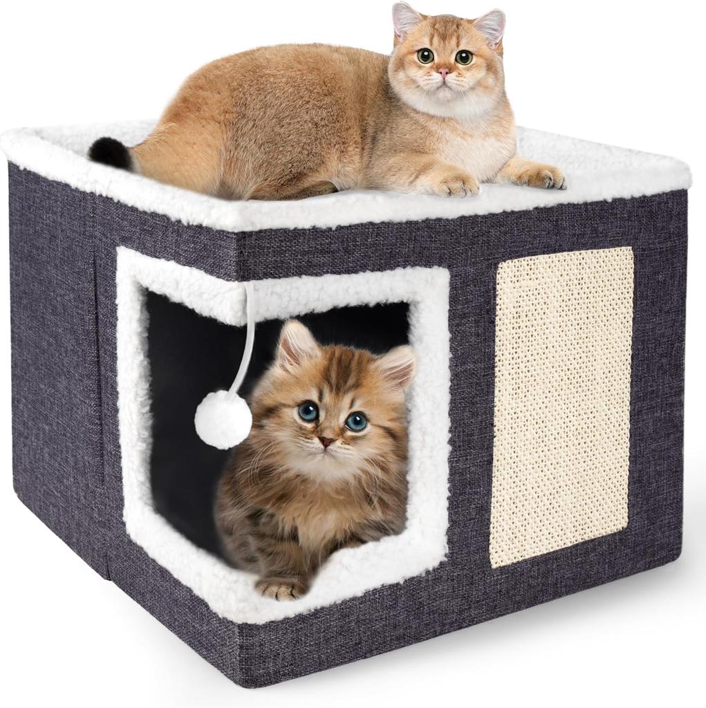 Cat Houses for Indoor Cats,Large Cat Bed Cave with Scratch Pad and Fluffy Ball, Foldable Cat Condo Hideaway