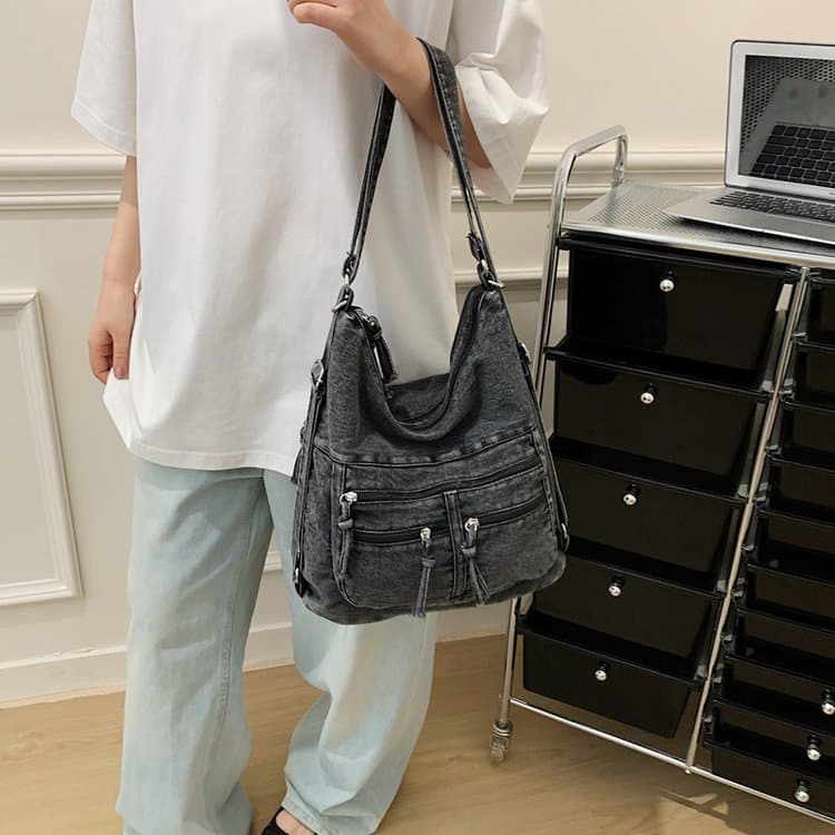 Vintage washed denim tote bag shoulder messenger women s bag чёрный