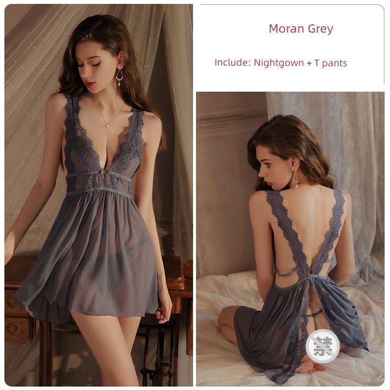 

[Xiao Milk Capsule] Tang Purple Lace Slip Nightdress Sheer Mesh Deep V Pure Desire Small Size Sexy Pajamas Romantic Moran Grey (without chest pad) 160(M)