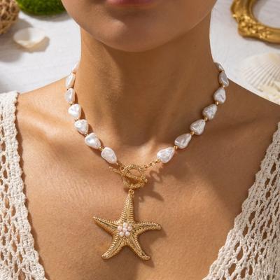Übertriebene Seestern-Anhänger-Halskette für Damen Herren Sommer Unregelmäßige Imitation Perlen Perlen-Choker Bohemian Ozean Strand Schmuck