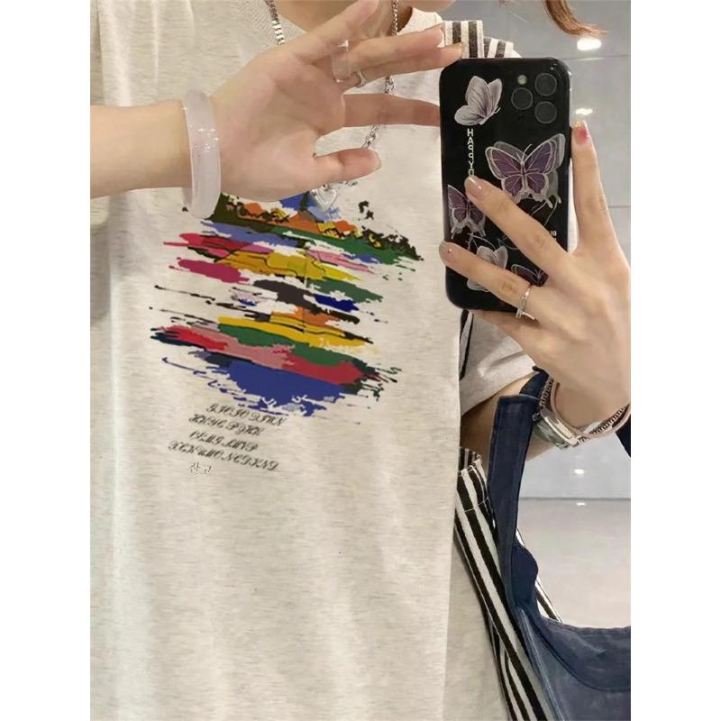 Women's Pure Cotton Printing Short Sleeve T-shirt Oversize Loose American Casual Trendy Couple Look Half Sleeve Top Summer