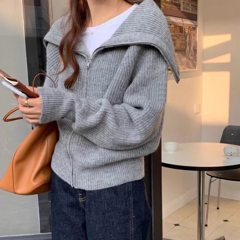 Navy Collar Zipper Sweater Jacket Female Early Spring Lazy Wind Loose Thin Knitted Cardigan Comfortable Versatile and Fashionable