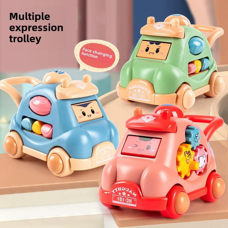 Non-Toxic Kid Pull Along Toy Walking Trolley Musical Light Up Car Toy Crawling To Walking Learning Toys Cartoon Polyhedral Trolley Car Toy