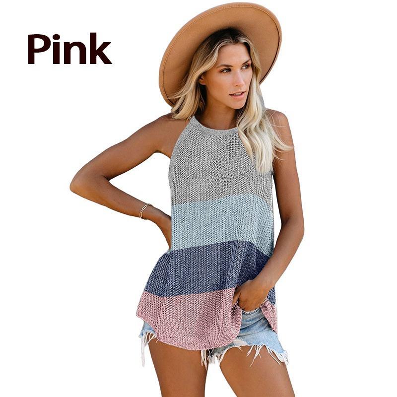 

Женские модные вязаные майки-топы Летние майки-халтеры без рукавов с круглым вырезом Женский жилет Топ Повседневный свободный Полосатый Цветовая коллизия Пляжная майка Большого размера(S-3XL) S розовый