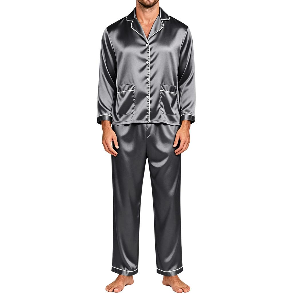 Men's Matching Couple Pajama Set Long Sleeve Button-Down Top and Pants Loungewear Sleepwear Set for Home