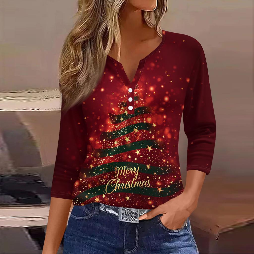 Women's Fashion Casual Christmas Tree Print V-Neck Decorative Button Three-Quarter Sleeve T-Shirt Top