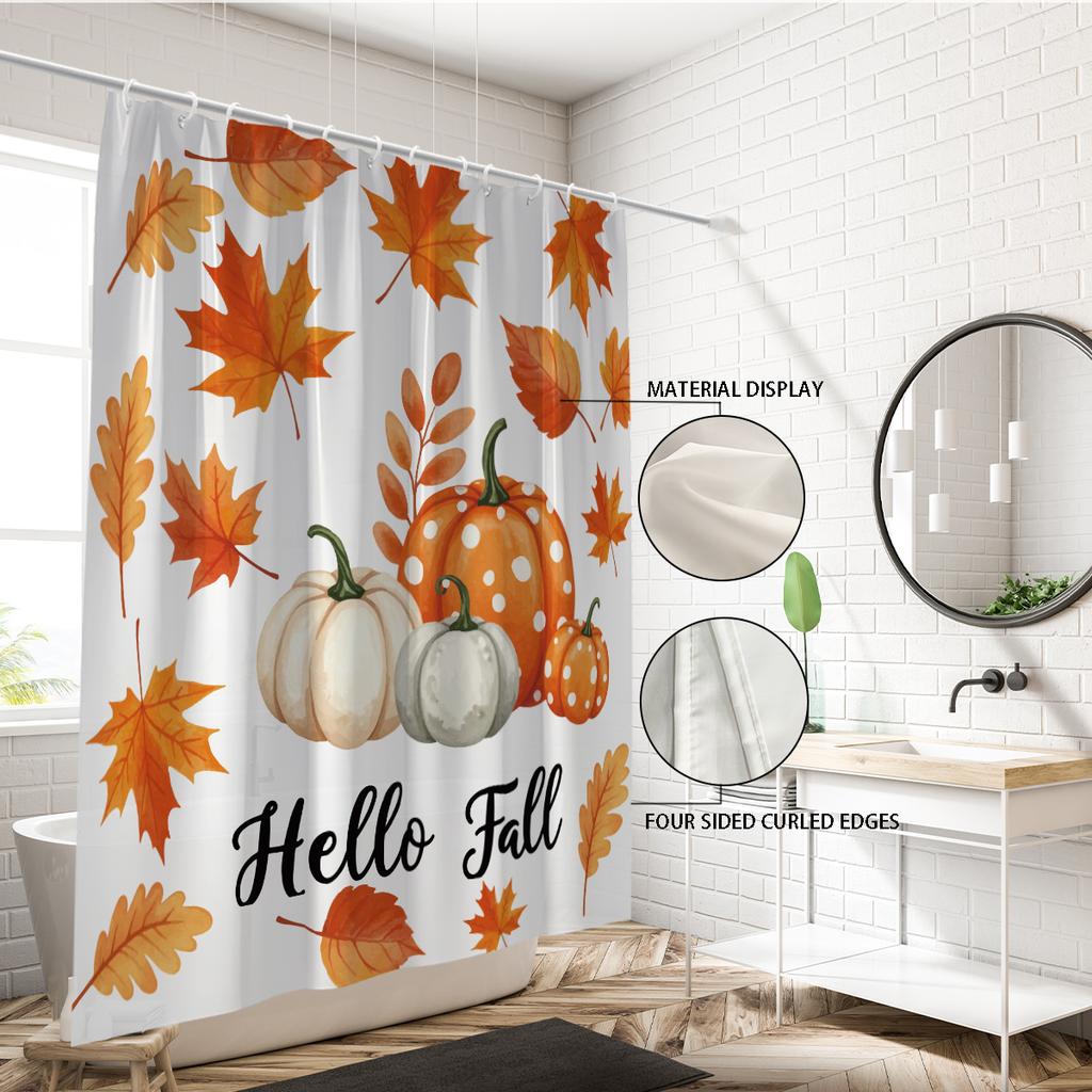 1pc Autumn Harvest Thanksgiving Pumpkin Print Waterproof Shower Curtain Privacy Multi Size with 12 Hooks Easy Install