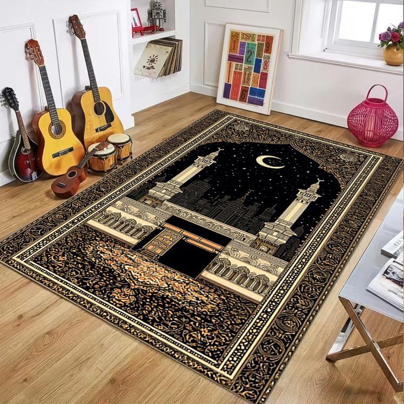Vintage Islamic Area Rug Kaaba Mosque Floral Border Print NonSlip Floor Mat for Prayer Room Living Room Muslim Home Decor