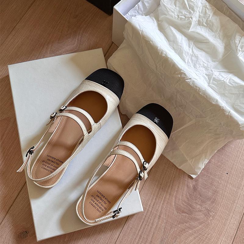 

French silver small fragrant style color matching square head Mary Jane women s shoes flat single shoes women s one-word buckle with bag head sandals 40 білий