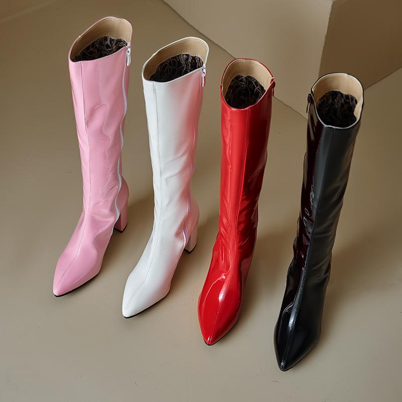 Cizme cu toc înalt pentru femei toamnă și iarnă noi temperament simplu culoare uni cu vârf ascuțit mărime mare cu toc gros cizme medii