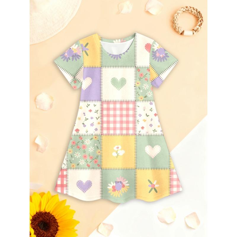 

Girls 3D Summer Dress Patchwork Floral Heart Pattern - Vintage Quilt Style for Garden Parties, Beach Days, School Events 110