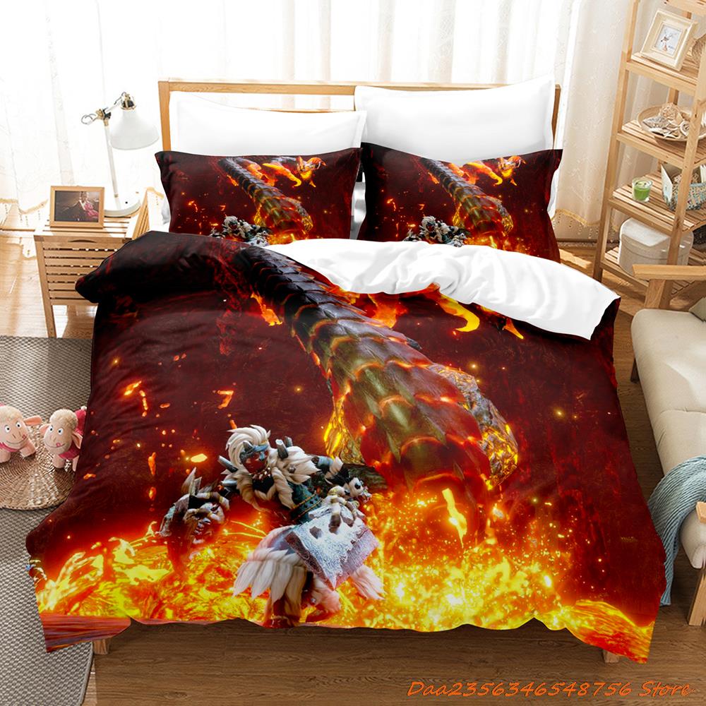 Comforter Personelity Monster Hunter Rise Bedding Set Cartoon Anime Three-Piece Set Adult Kid Bedroom Three-Piece Suits 3D Game Monst