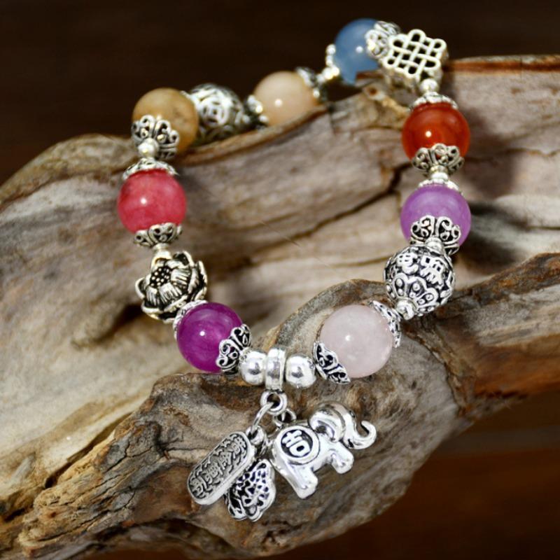 GemChic Women's Ethnic Colored Agate Crystal Elephant Pendant Alloy Flower Beads Bracelet Classical Retro Birthday Christmas Jewelry Gift